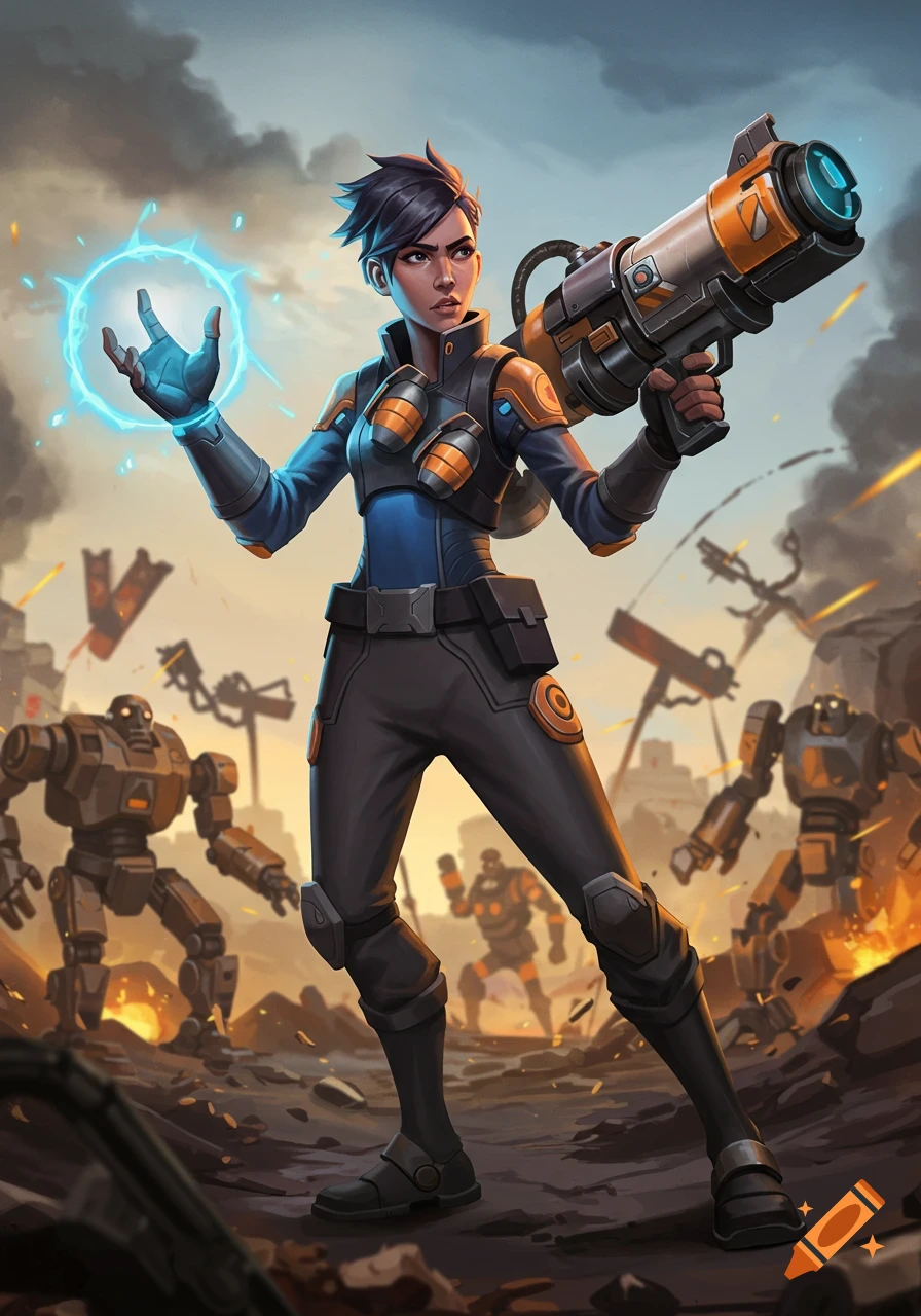 Stylized character holding weapon and glowing orb on battlefield with robots, concept art style.