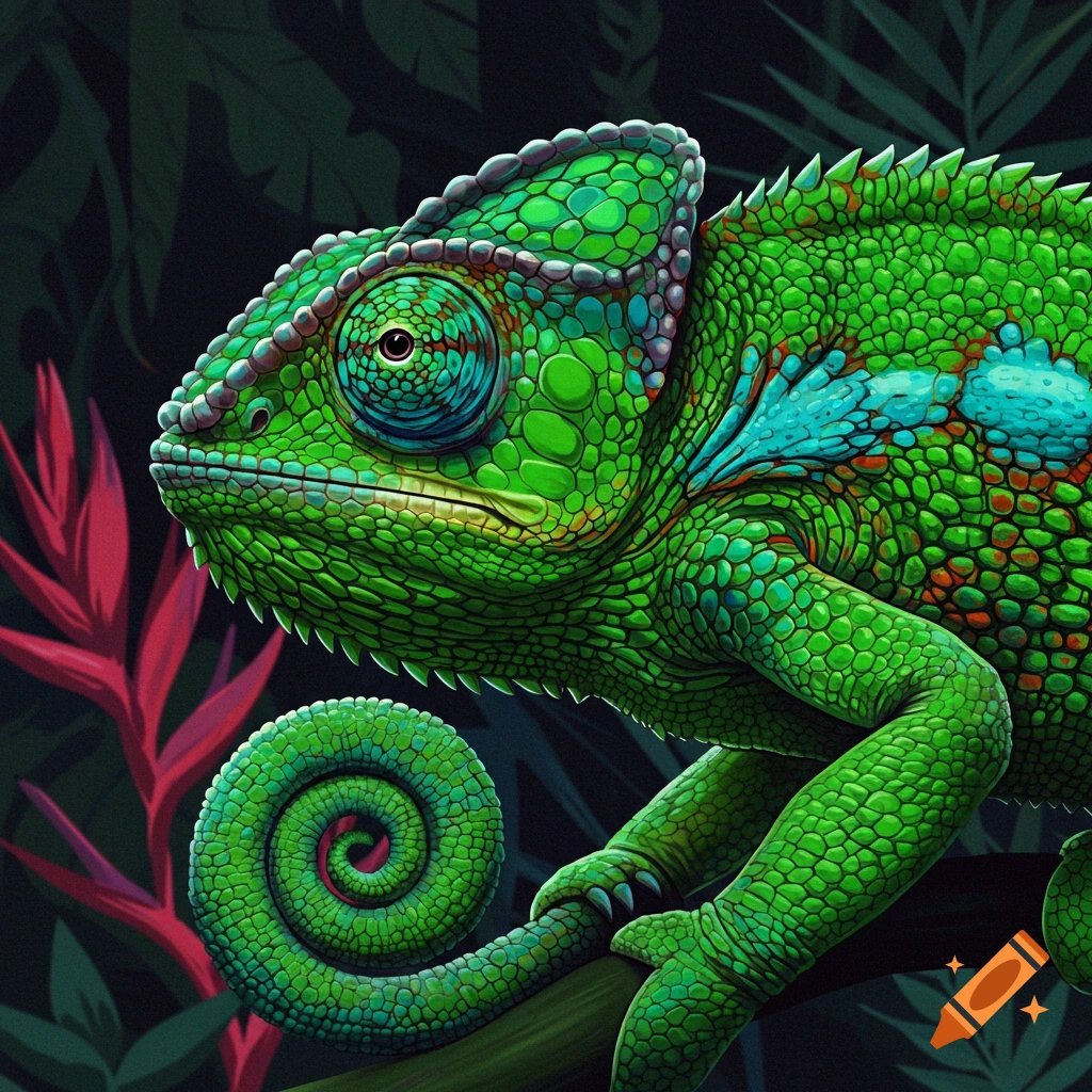 Detailed digital illustration of a green chameleon with a curled tail.