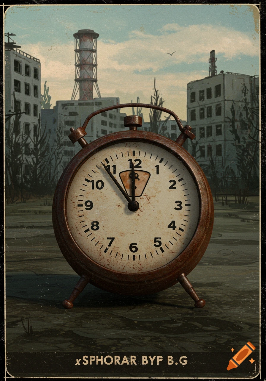 A rusty alarm clock in the foreground of a post-apocalyptic city scene with abandoned buildings and a cooling tower in the background, vintage style.
