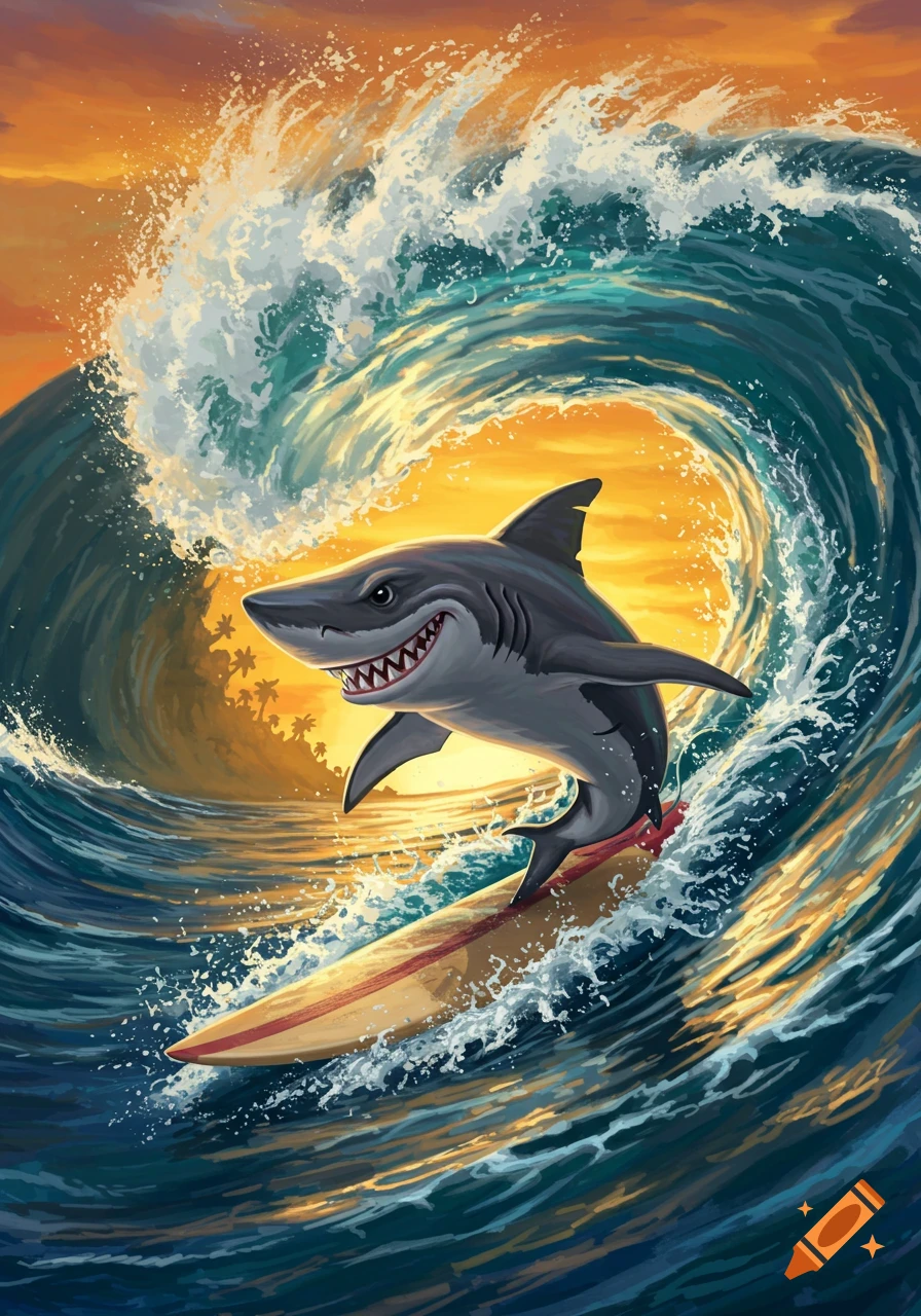 Cartoon shark surfing a large ocean wave at sunset, illustration style.