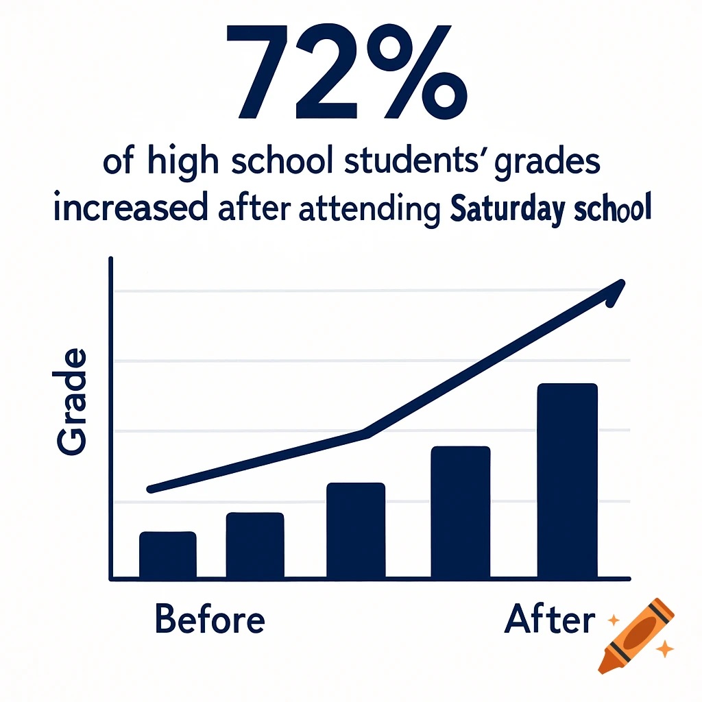 A line and bar chart showing that 72% of high school students' grades increased after attending Saturday school.
