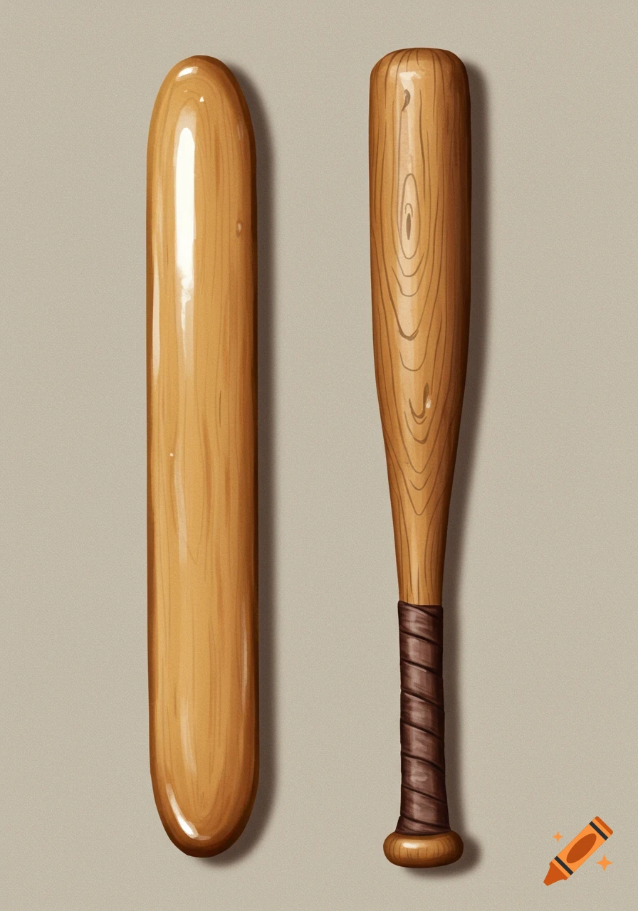 A baseball bat and a smooth wooden cylinder object.