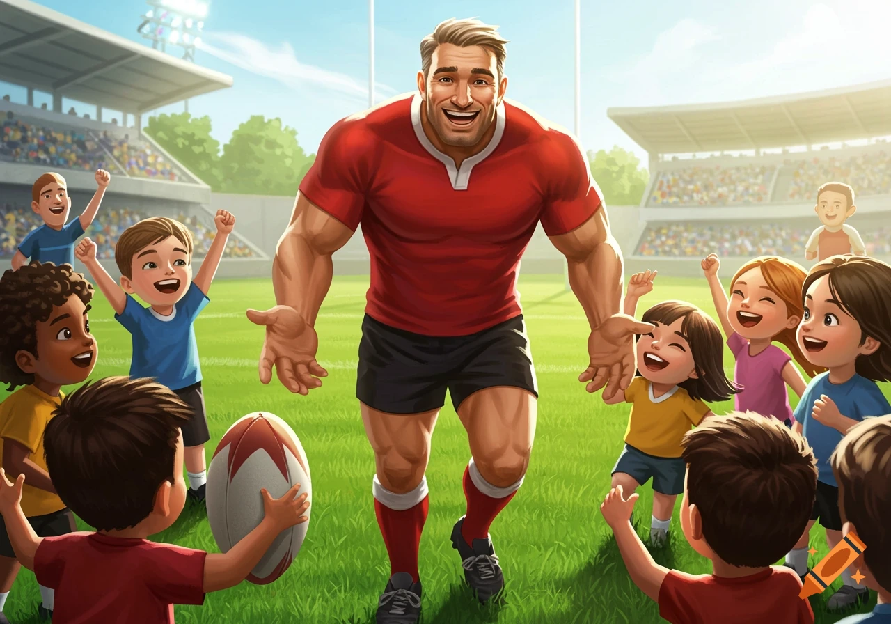 Cartoon illustration of a muscular rugby player smiling at children reaching for a rugby ball on a field in a stadium.