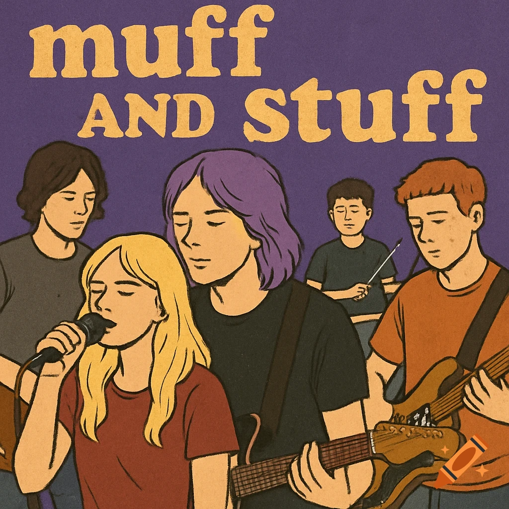 Illustration of an indie band with the text 'muff AND Stuff'