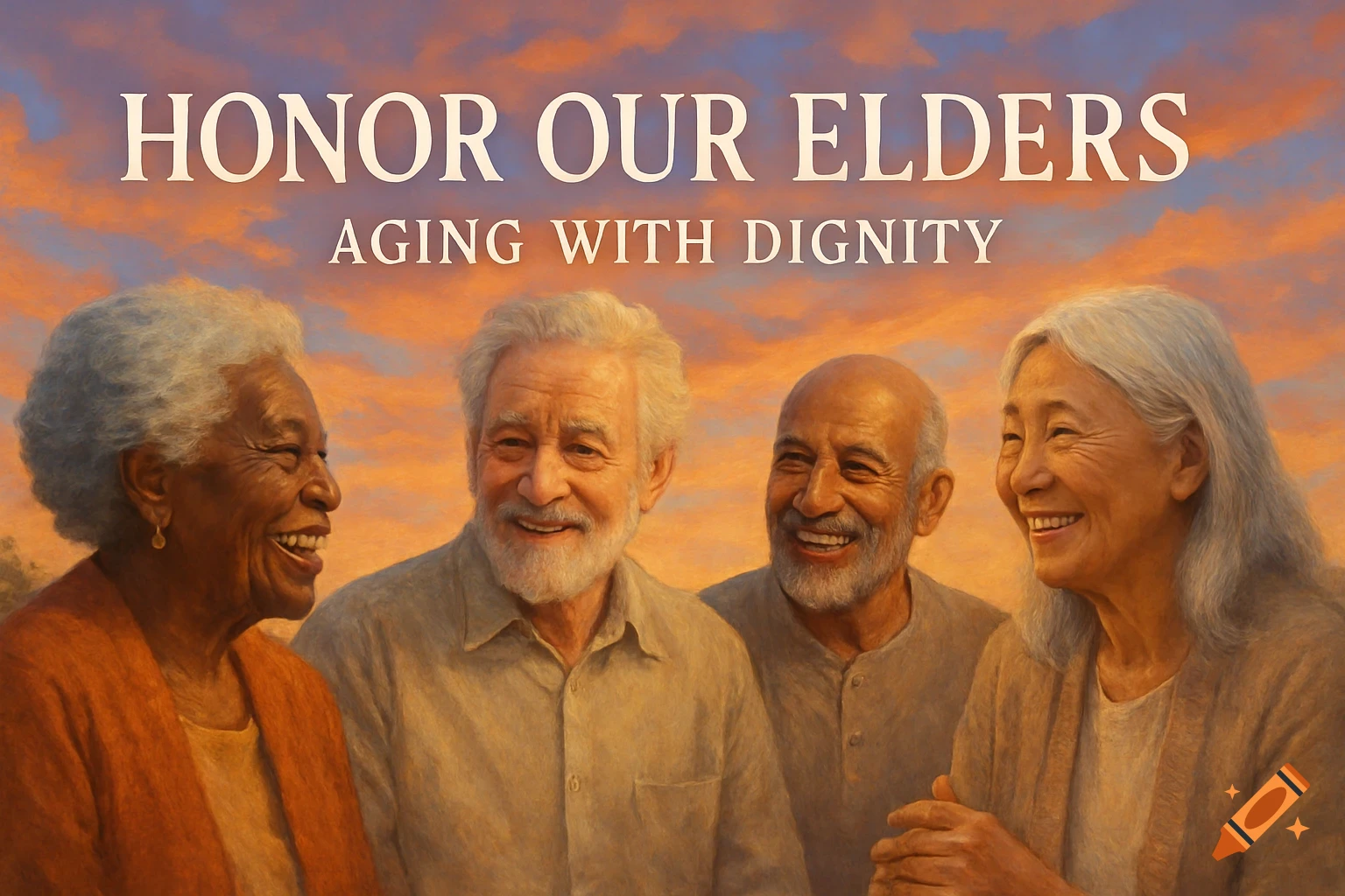 Diverse group of smiling elderly people under a sunset sky with the text 'Honor Our Elders - Aging with Dignity' overlay.