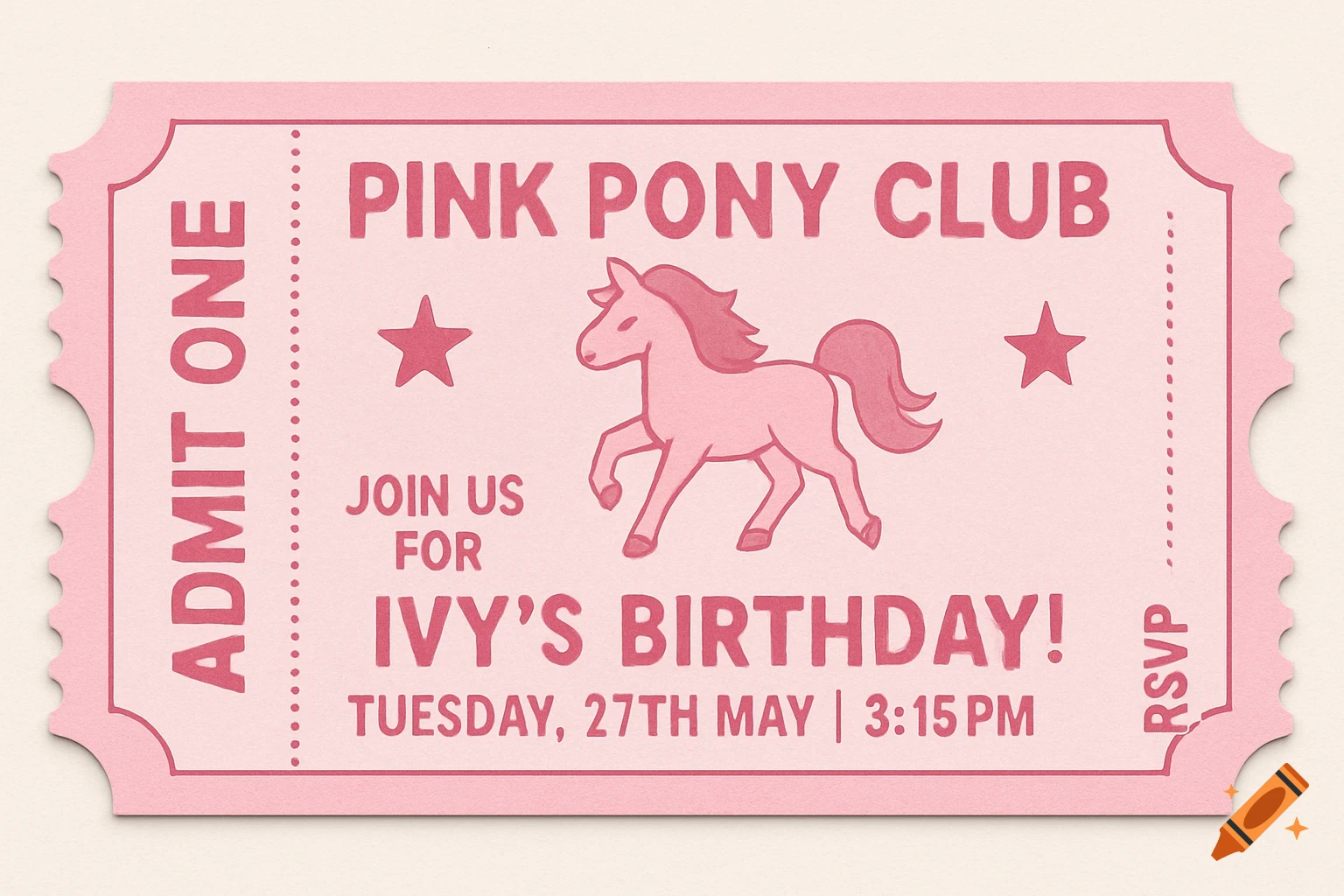 Pink ticket-shaped birthday invitation for a Pink Pony Club party featuring a pink pony illustration and party details.