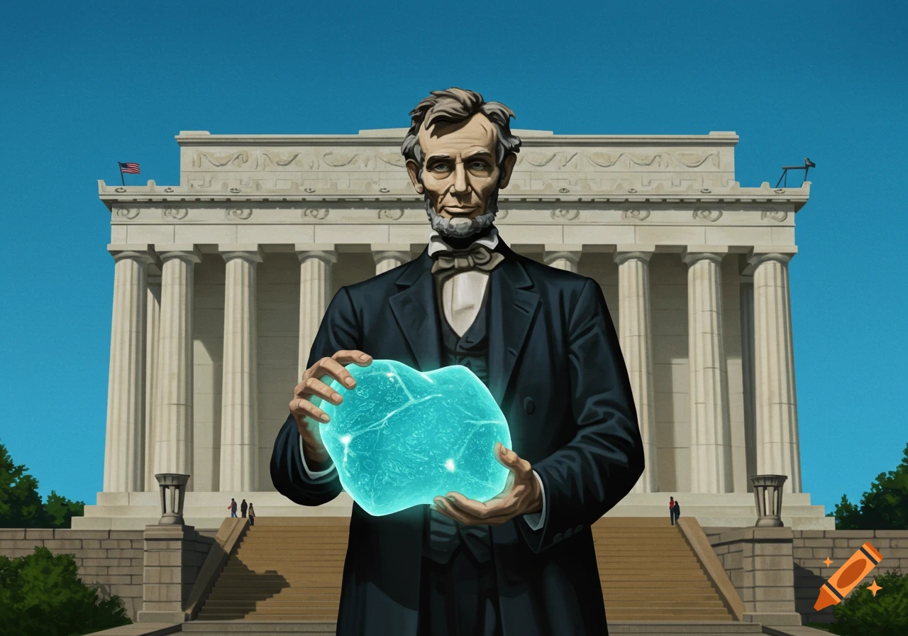 Illustration of Abraham Lincoln holding a glowing blue object in front of the Lincoln Memorial.