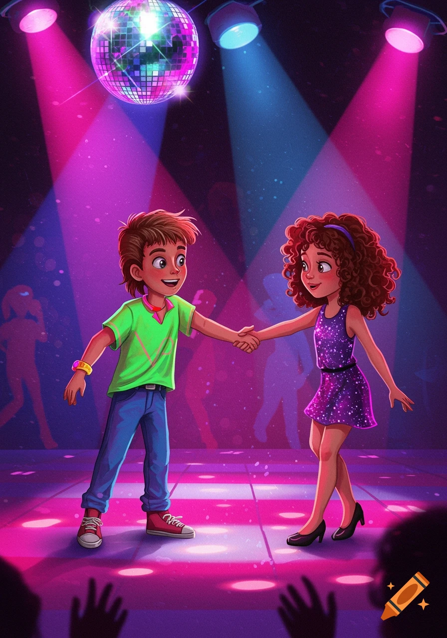 Two children dancing under a disco ball with colorful lights in a stylized illustration.