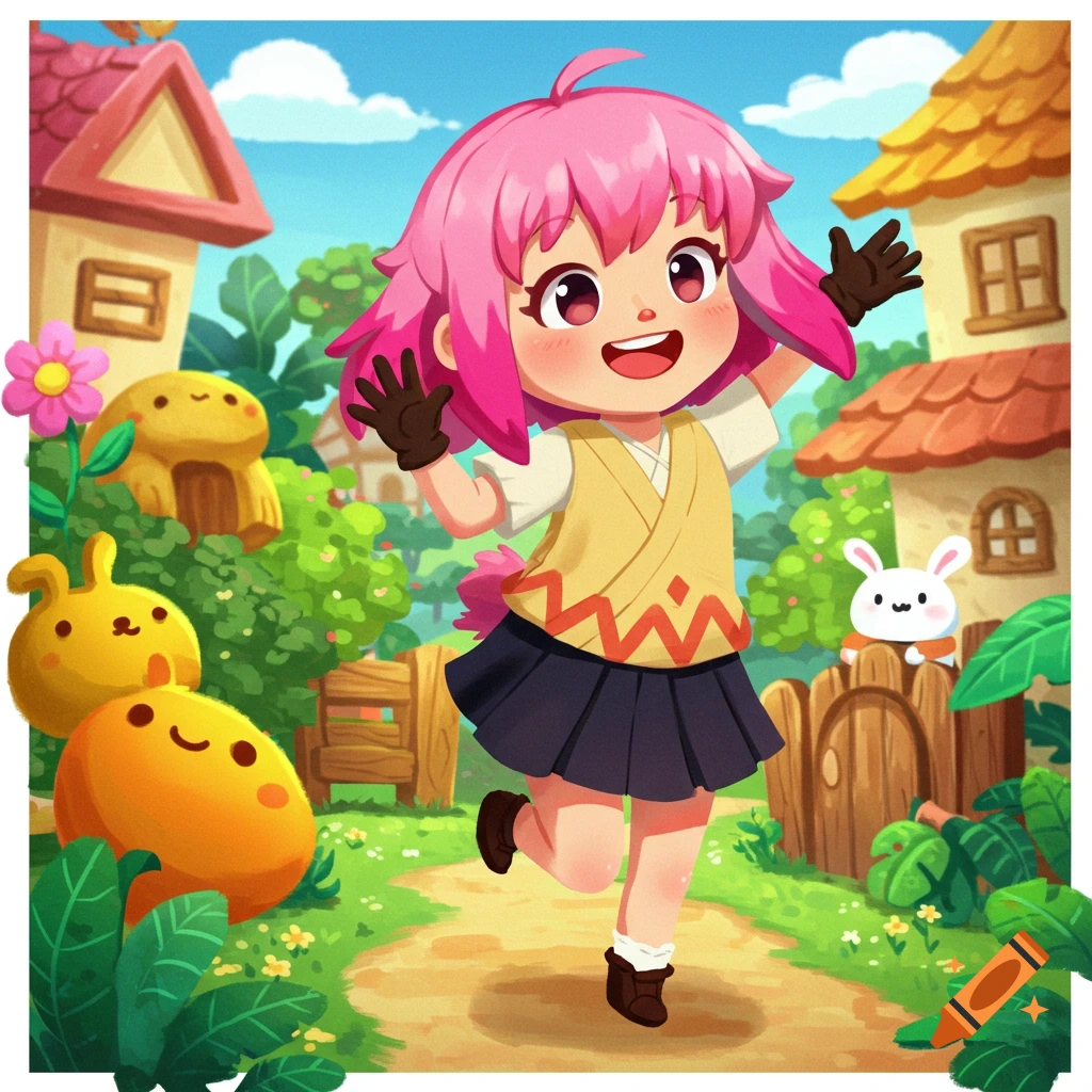 Cute pink-haired character running and waving on a path in a cartoon village with animal friends.