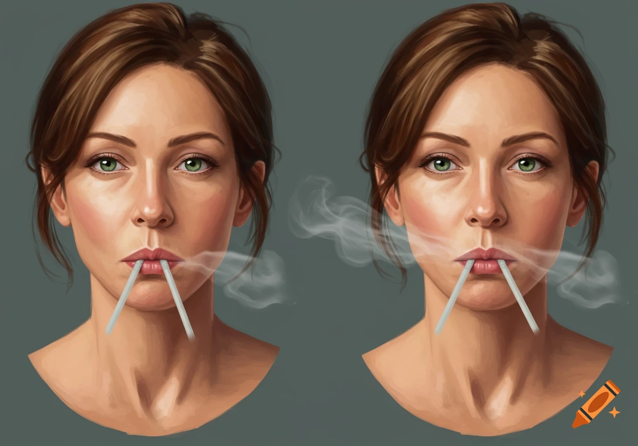 Two close-up digital portraits of a woman with green eyes, holding cigarettes in her mouth with smoke visible.