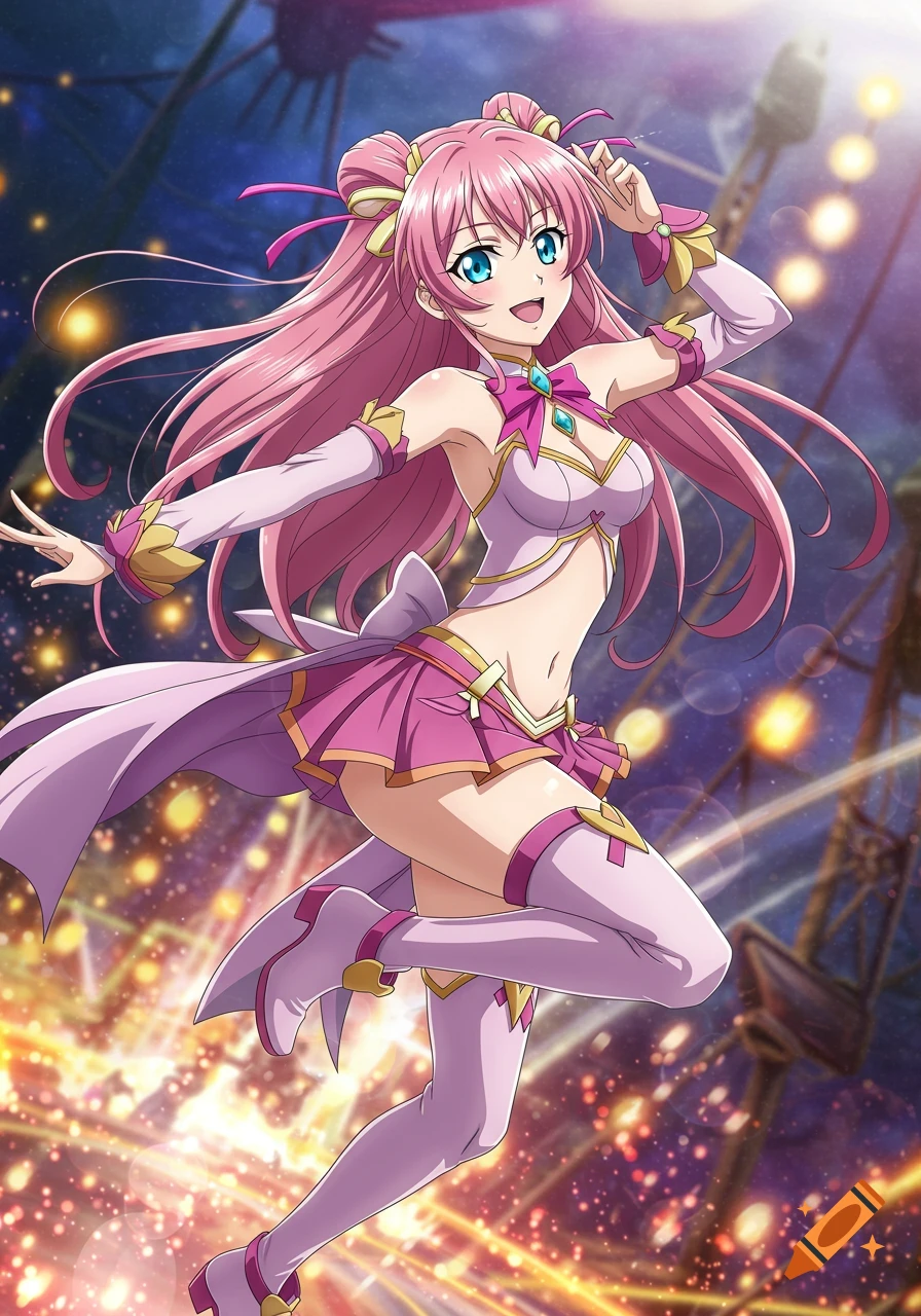 Anime girl with pink hair and pink outfit performing on a stage.