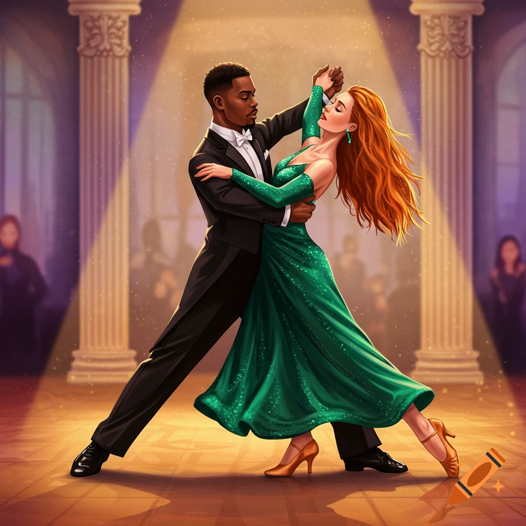 Illustrative digital painting of a couple ballroom dancing in a fancy hall.