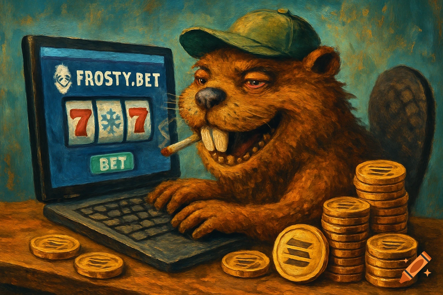 Surreal painting of a beaver in a cap gambling on a laptop with crypto coins,  smoking a cigarette. on Craiyon