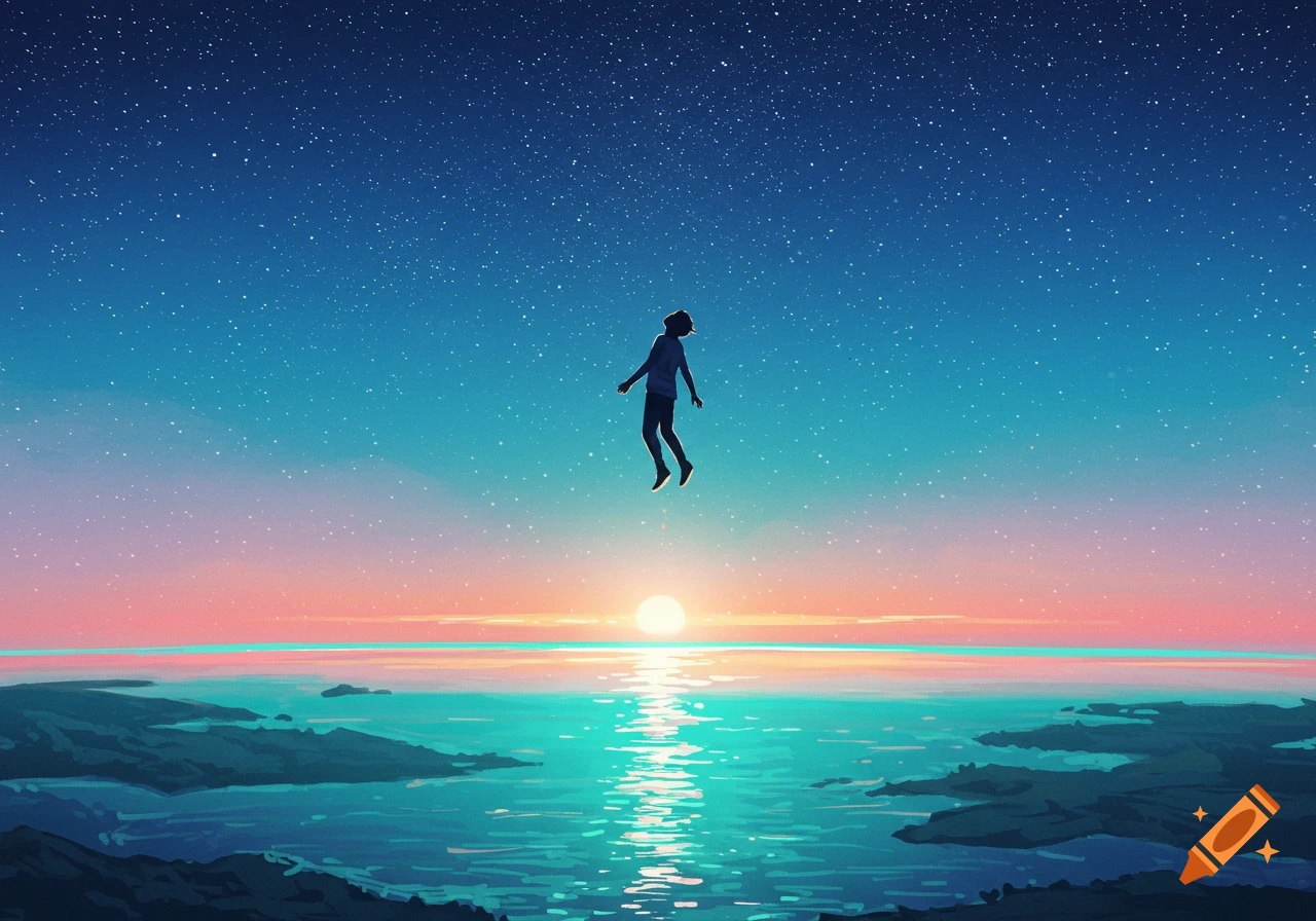 A person floats above a calm sea under a starry sky at sunset, digital art.