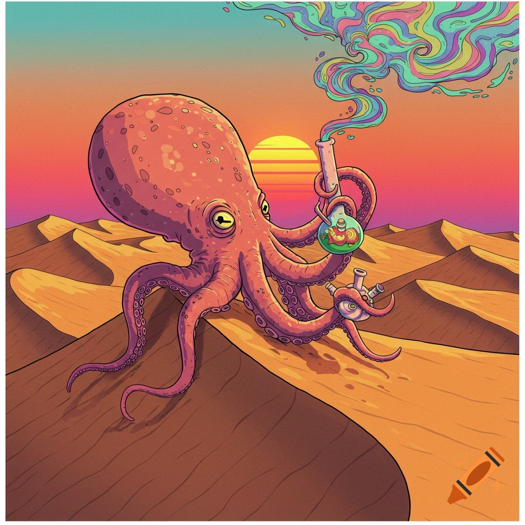 Cartoon octopus smoking a bong in a colorful desert sunset.