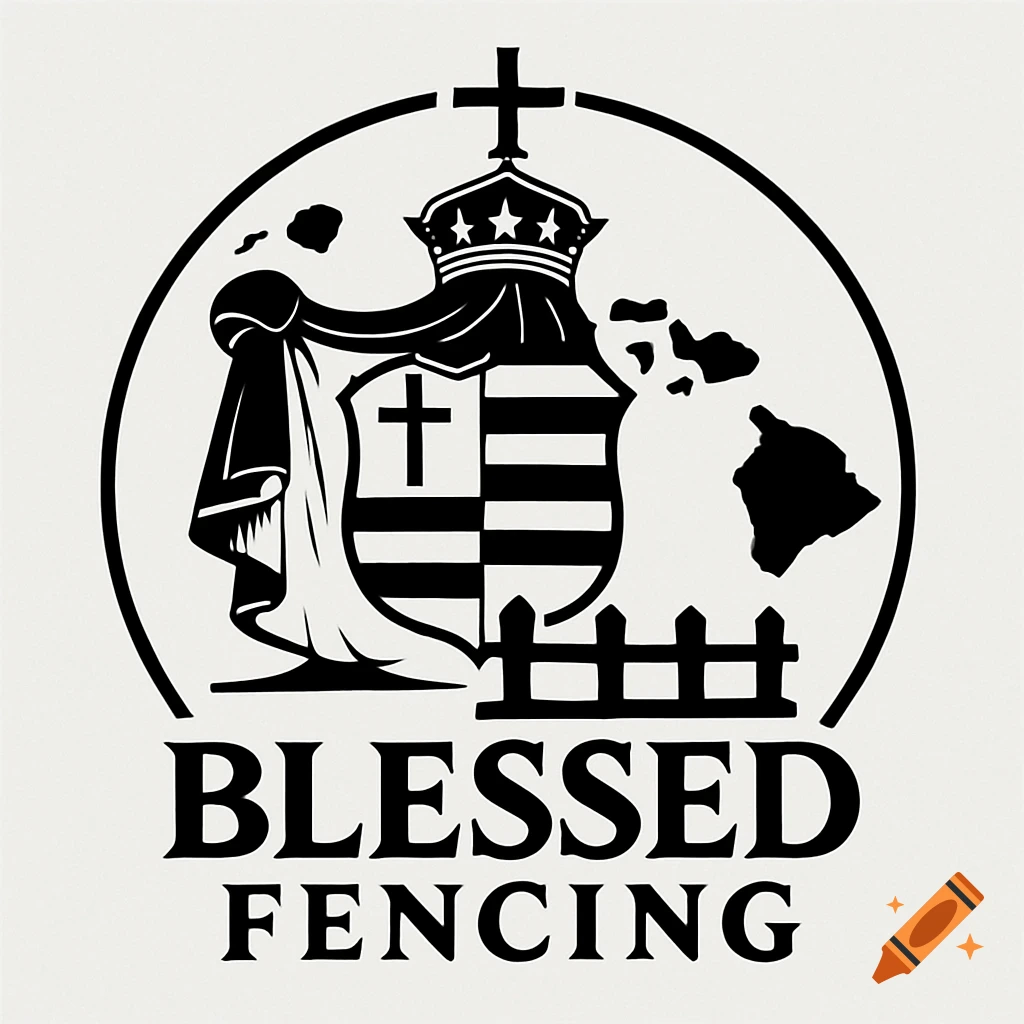 Black and white logo featuring a shield, crown, cross, fencing, and the Hawaiian islands above the text "BLESSED FENCING".
