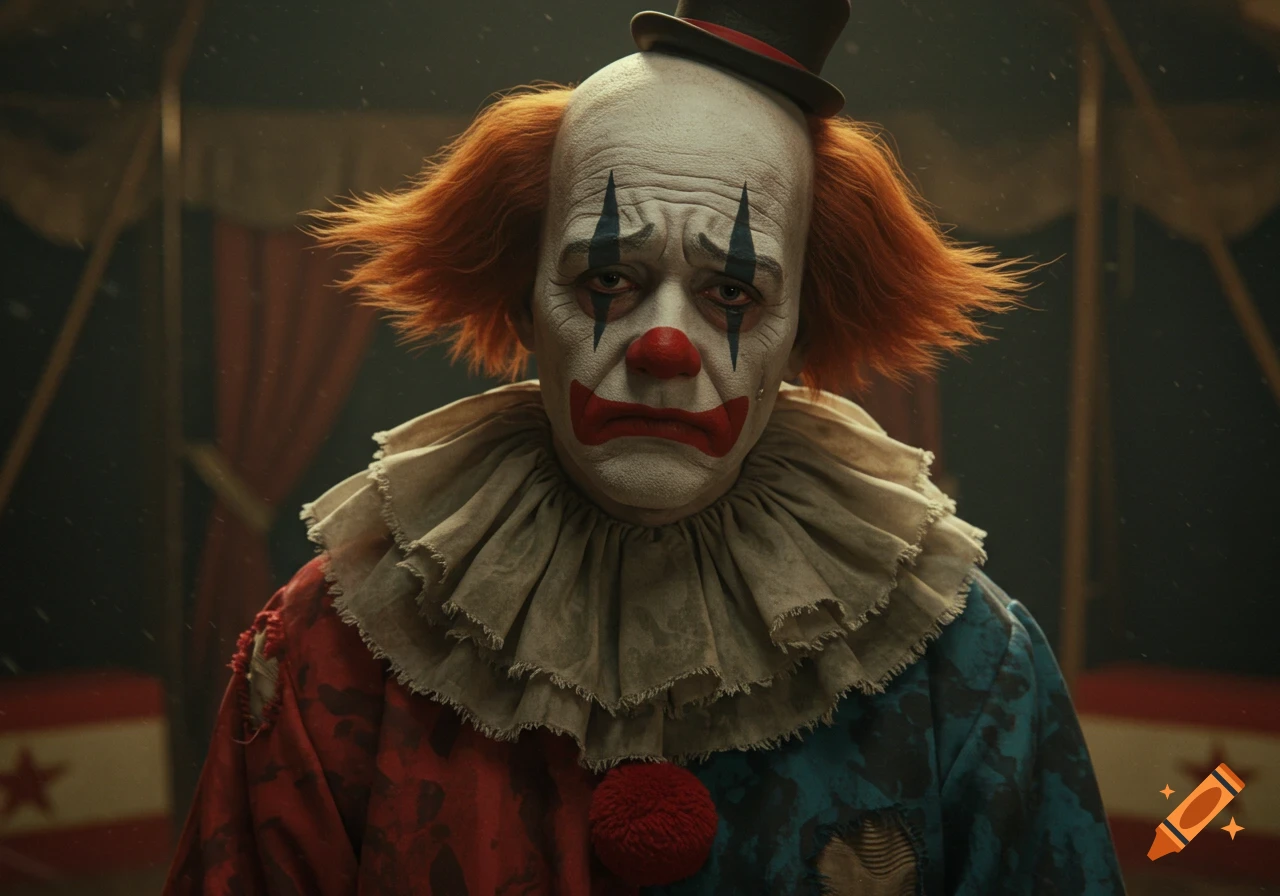 Hyperrealistic portrait of a sad clown with orange hair and a top hat in a circus tent.