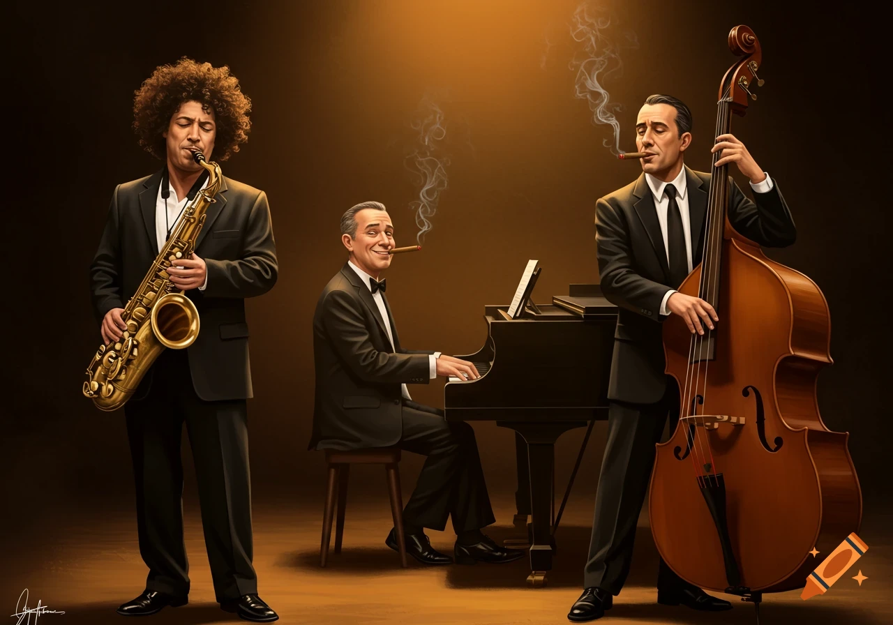 Illustration of a three-piece jazz band in suits playing saxophone, piano, and bass while smoking cigars.