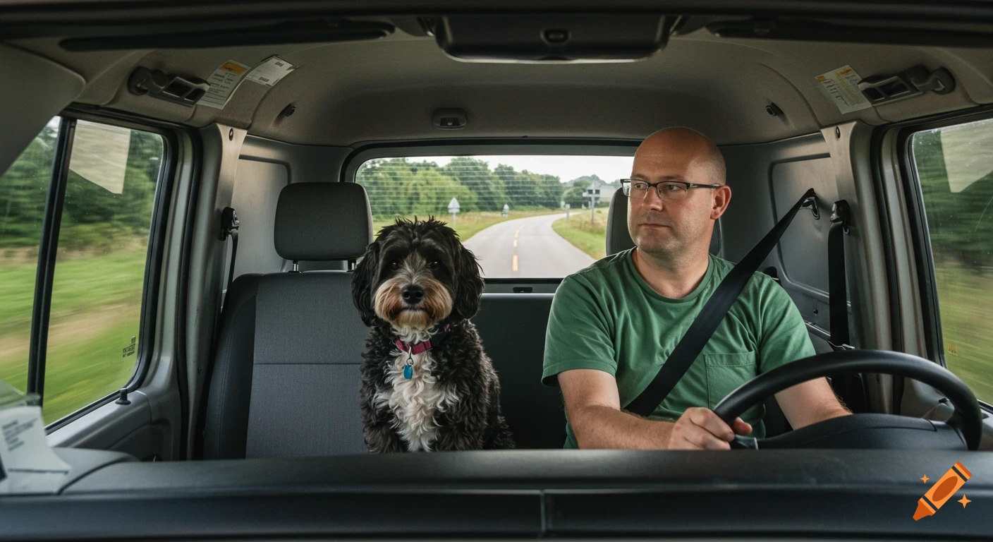 Man and a black and white dog riding in the front seat of a van.