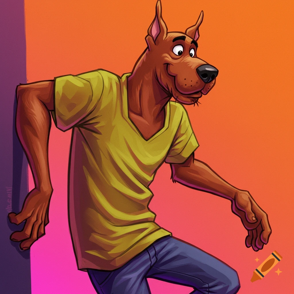 Anthropomorphic Scooby-Doo cartoon leaning against a wall