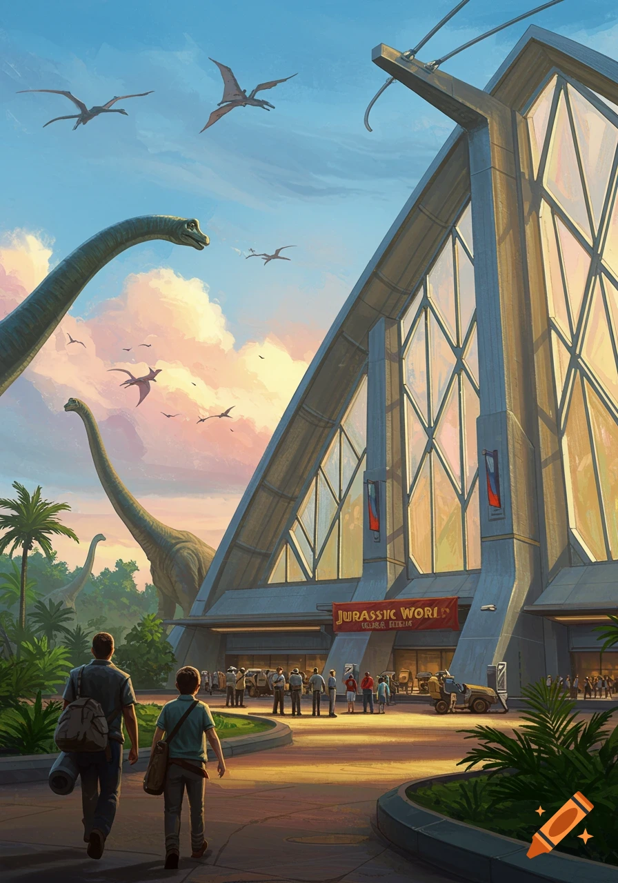 Illustration of people walking towards a futuristic building with Brachiosaurus and Pterodactyls visible under a sunset sky