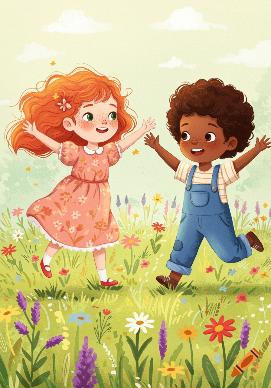Two happy children, a girl with red hair and a boy with dark hair, run through a field of colorful flowers in a bright illustration.