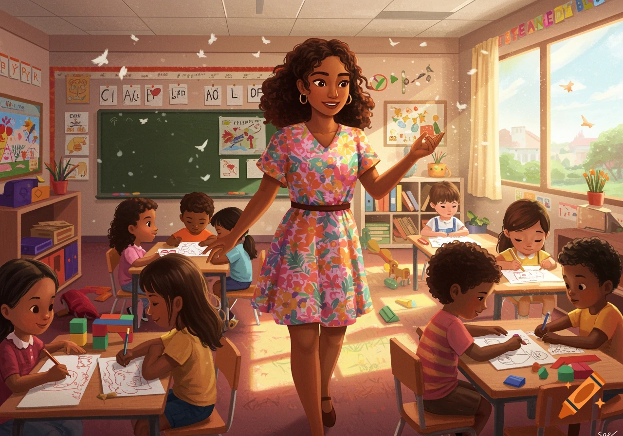 Illustration of a teacher standing in a classroom with children drawing at desks.