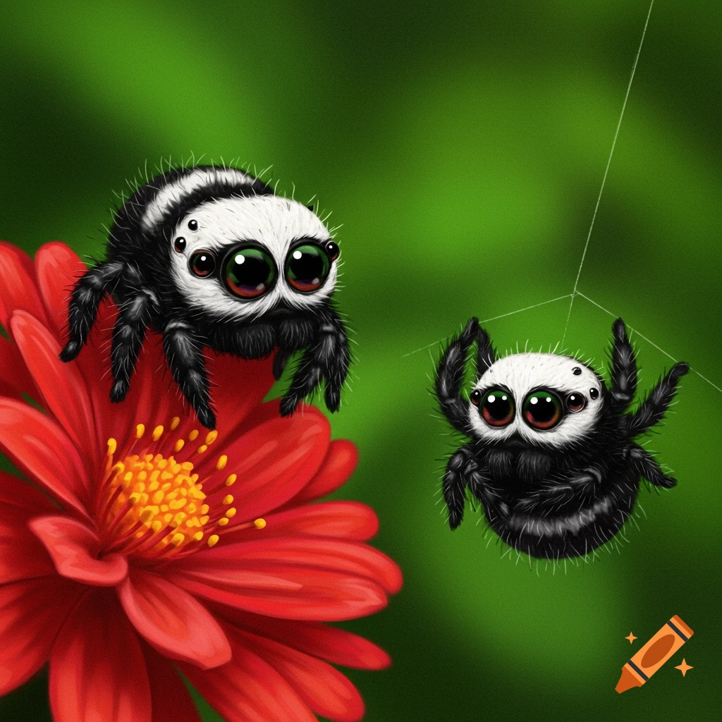 Two cute black and white jumping spiders, one on a red flower, the other hanging from a web.
