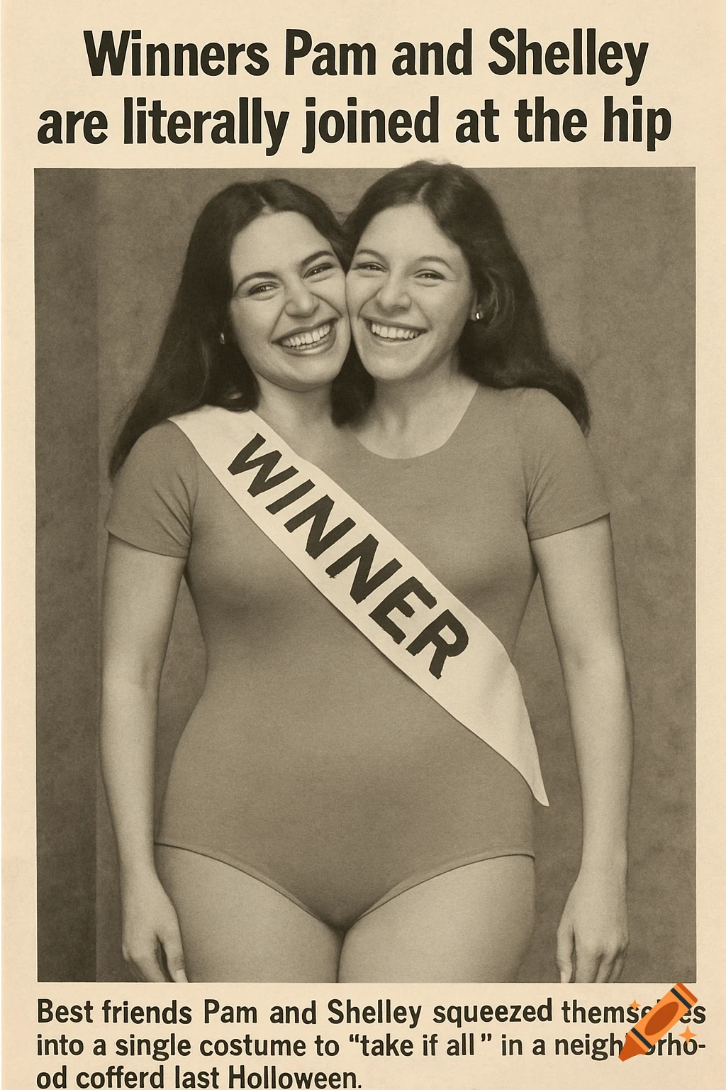 Vintage photo of two women merged into one body for a costume, wearing a 'Winner' sash.