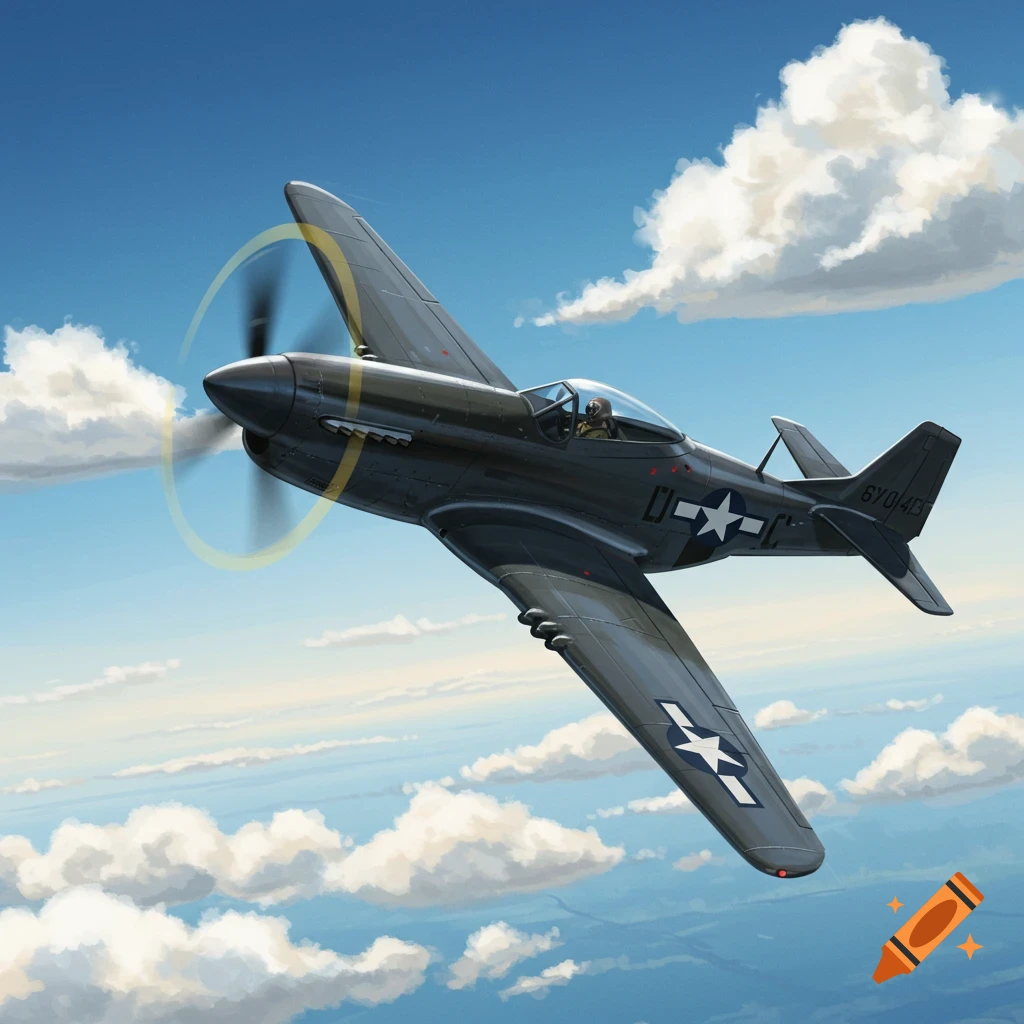 Illustration of a WWII-era P-51 Mustang aircraft flying through clouds.