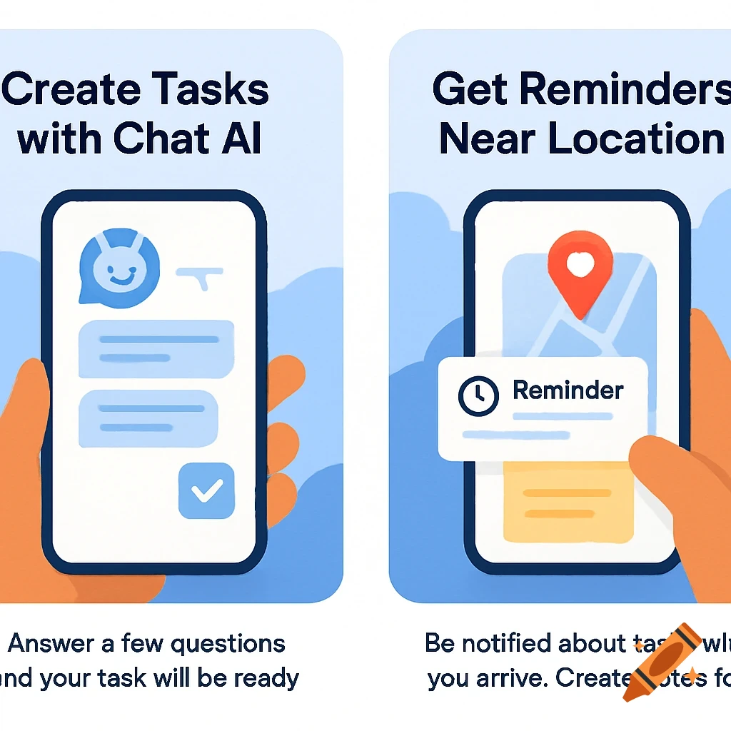 Two illustrations showing app features: creating tasks with chat AI and location-based reminders.