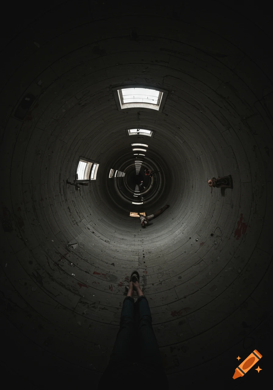 Distorted view looking up inside a concrete cylinder with windows, featuring unsettling figures.