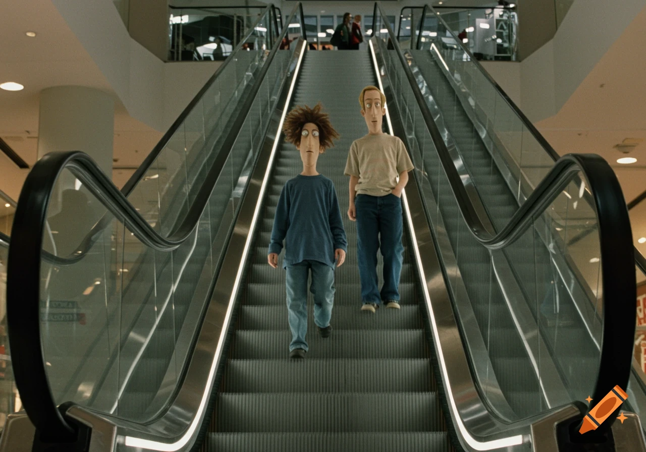 Figures resembling Beavis and Butthead on an escalator in a mall.