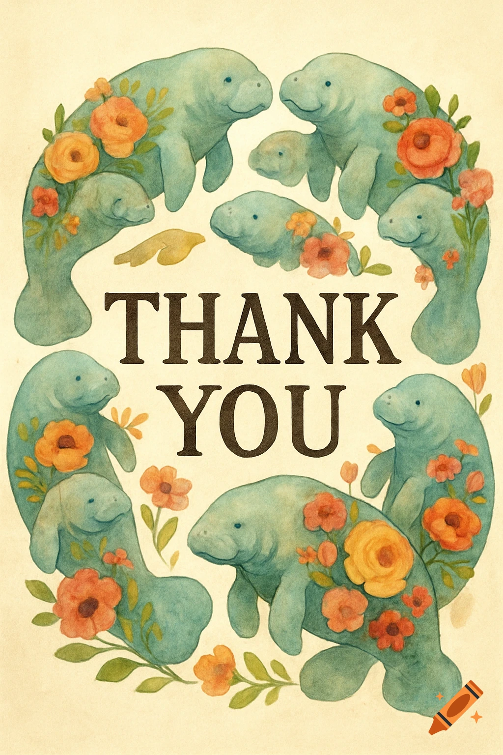 Watercolor illustration of manatees decorated with flowers surrounding the text "THANK YOU".