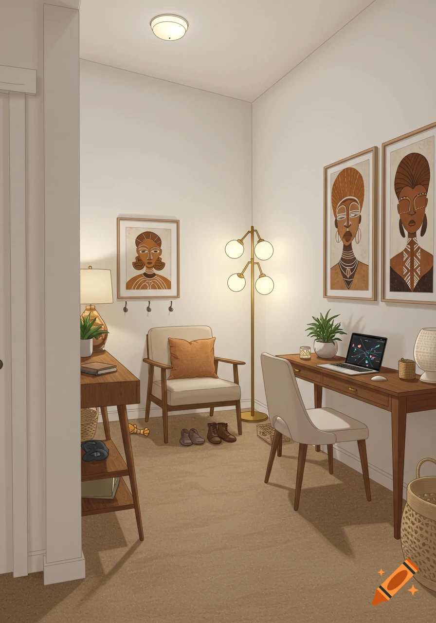 Cozy Afro-boho style hallway corner nook with desk, chair, floor lamp, and African art prints.