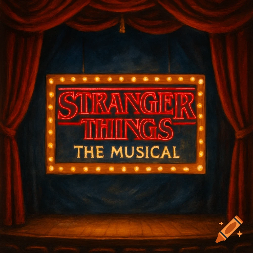 A painted style image of a theatre stage with red curtains and a glowing marquee sign reading 'STRANGER THINGS THE MUSICAL'.