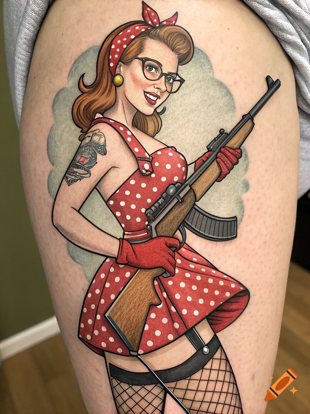 Pin-up style tattoo of a woman in a red polka dot dress and fishnet stockings holding a rifle.