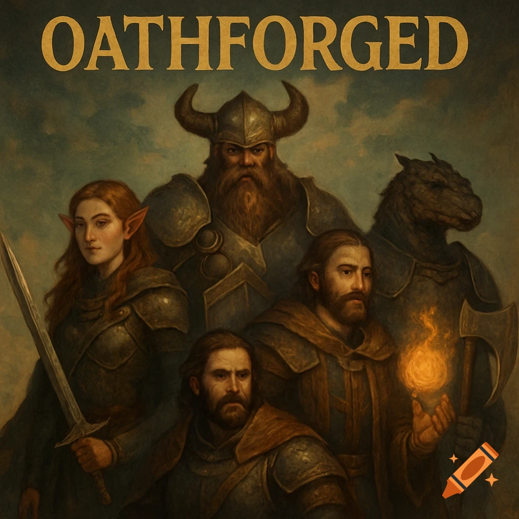 A group of fantasy characters in armor stand together with the word OATHFORGED above them.