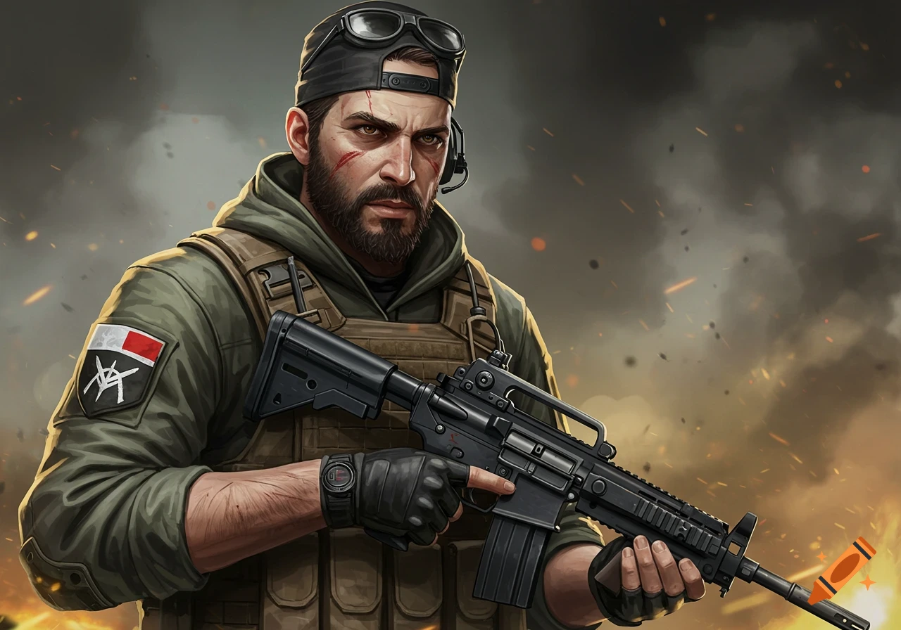 Illustration of a man in tactical gear holding a rifle in a smoky combat scene.