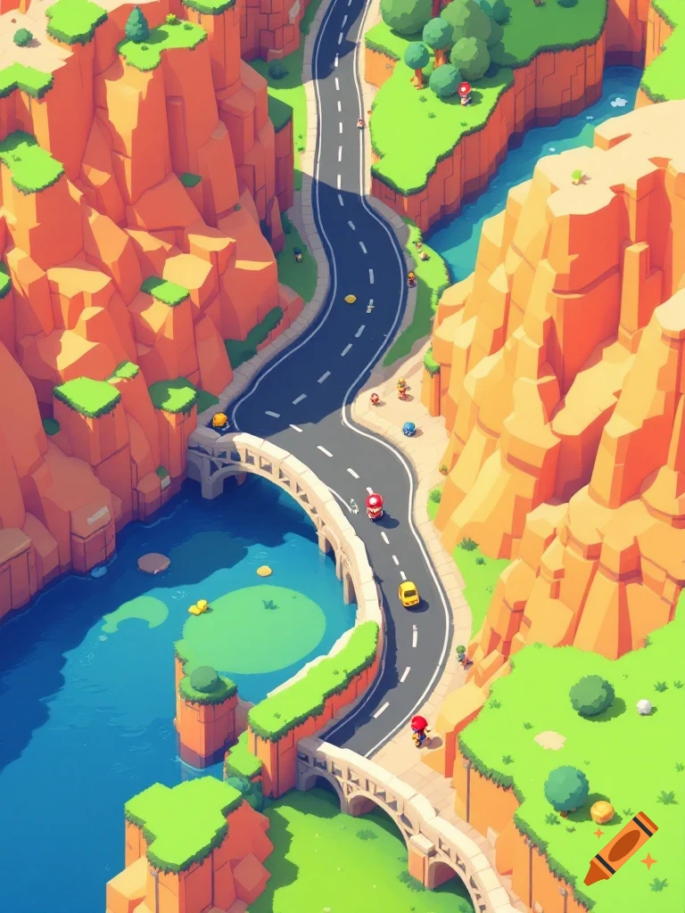 Top-down view of a road winding through a canyon with a river and bridge, in a stylized video game (Mario Bros) style.