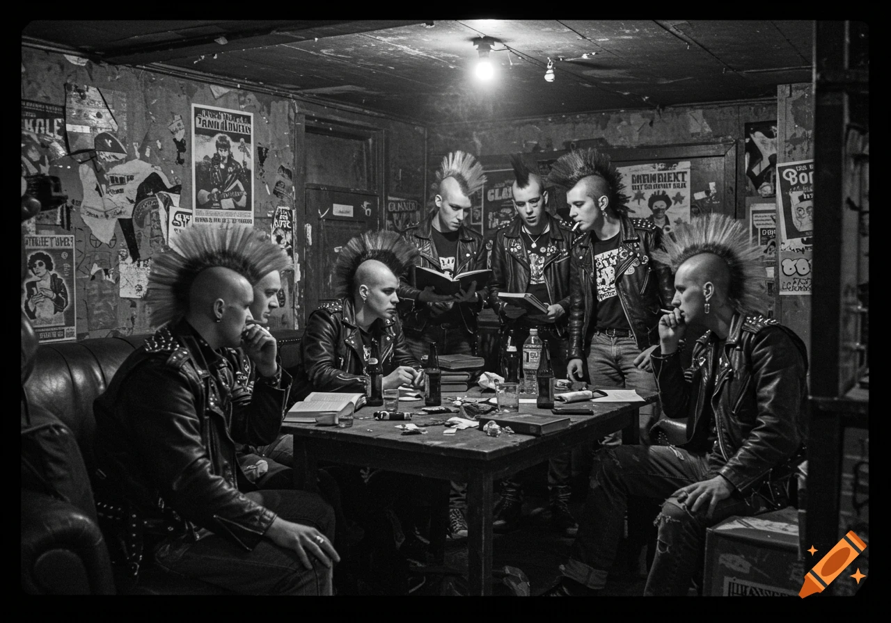 Black and white photorealistic image of 1980s punk rockers with mohawks having a book club meeting around a table.