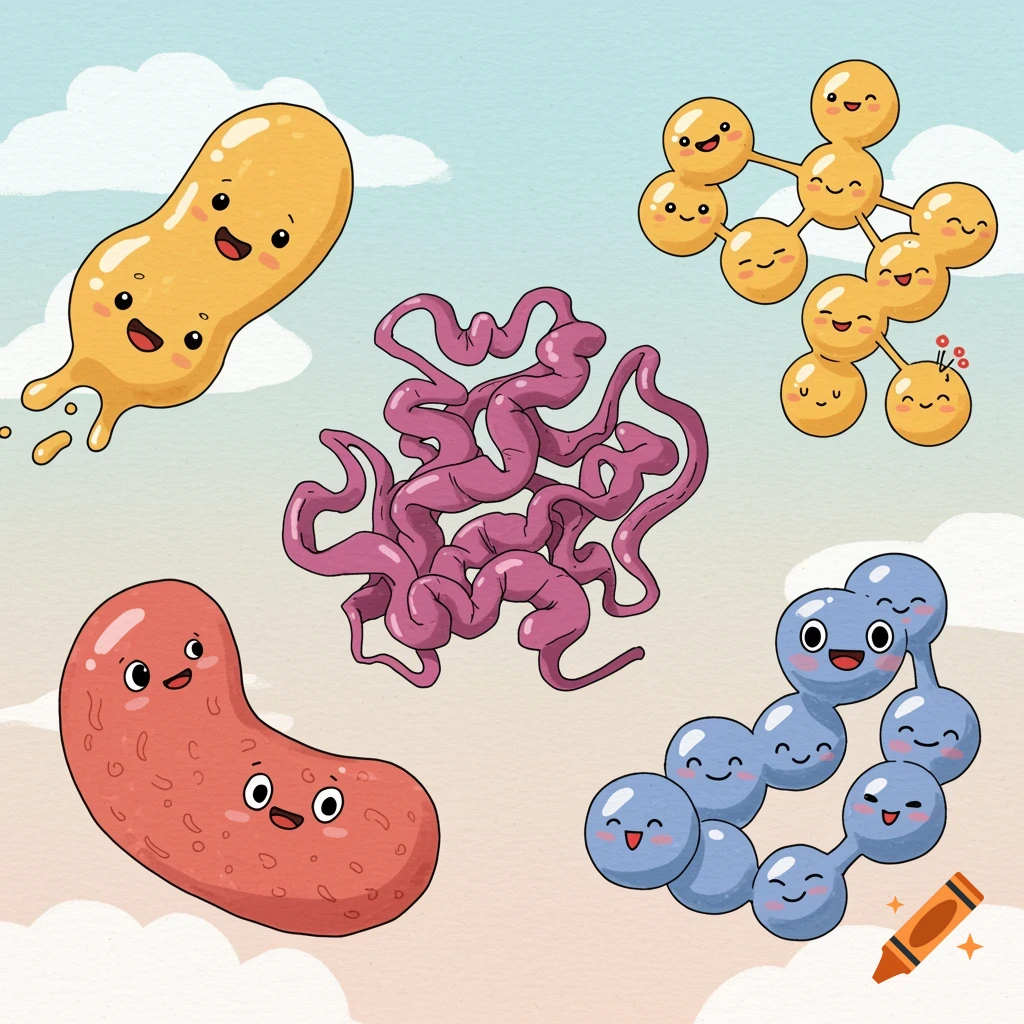Cartoon drawing of happy macromolecules or microbes floating in a sky with clouds.