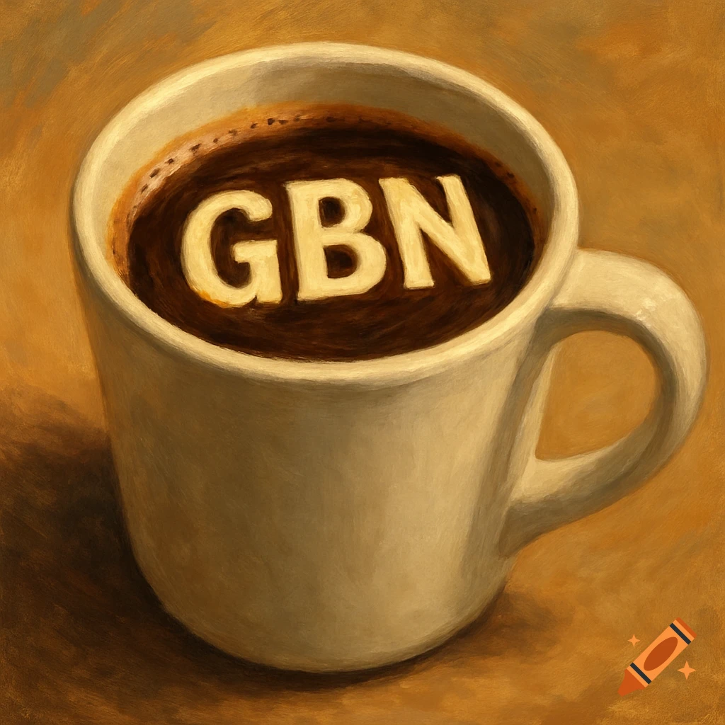 A painted image of a white mug filled with coffee with the letters GBN floating on the surface.