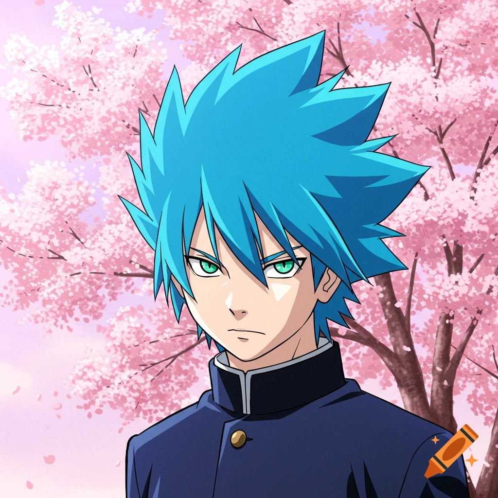 An anime boy with bright blue spiky hair and green eyes wears a school uniform in front of pink cherry blossoms.