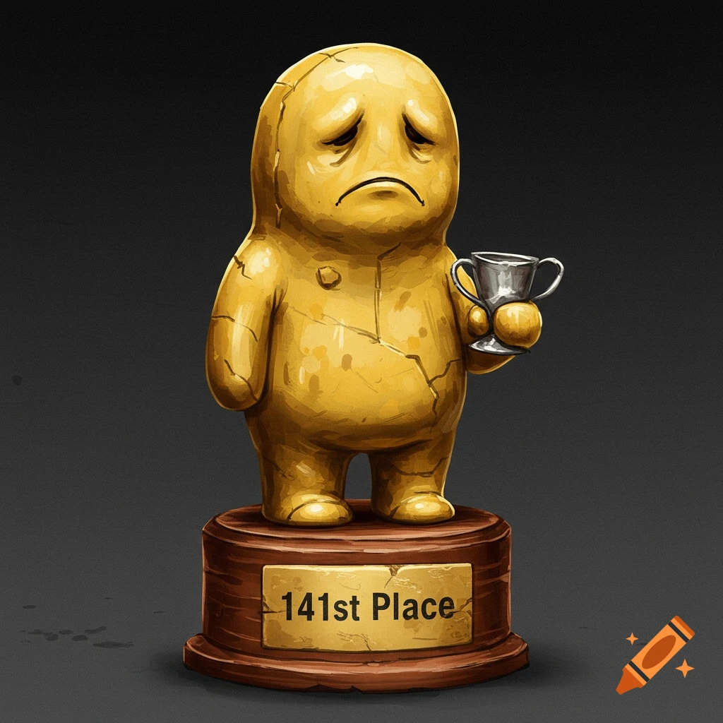 Sad golden trophy holding a silver cup on a wooden base with '141st Place' plaque.