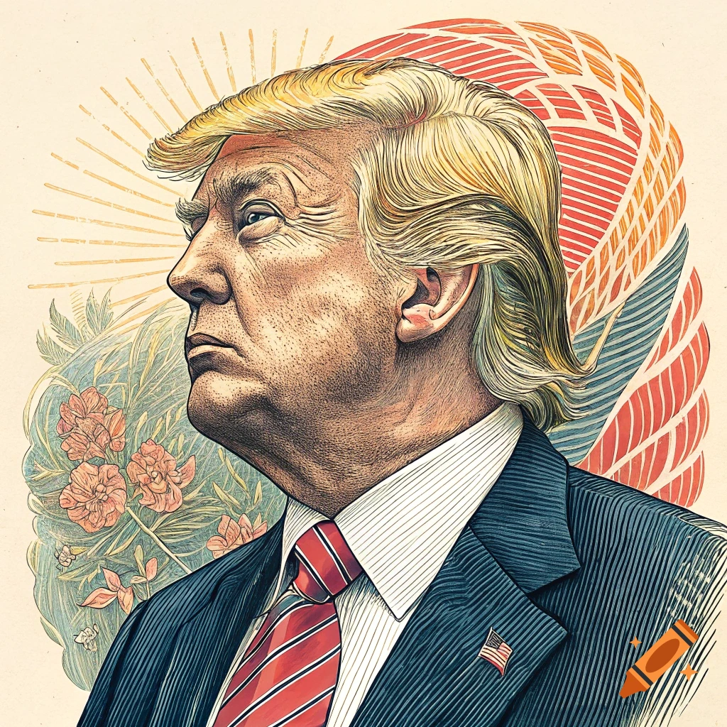 Illustration of Donald Trump in the style of Yoshitaka Amano.