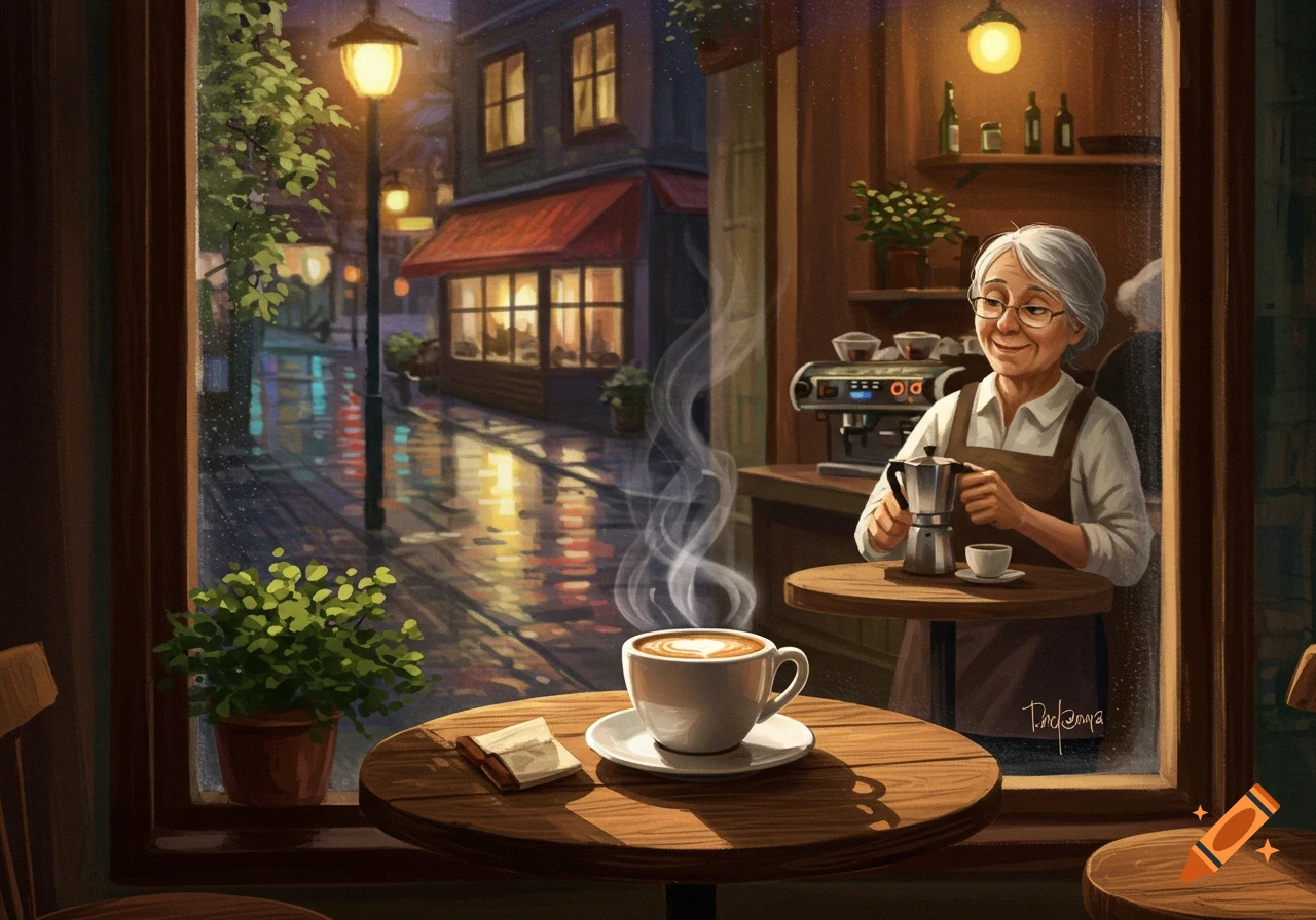 A cozy cafe interior scene, looking out a window onto a wet street at night. A steaming coffee cup is on a table in the foreground. A person stands behind the counter in the background.