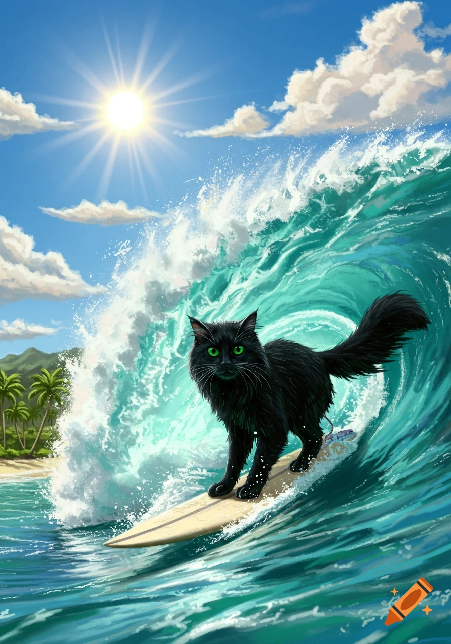 Illustration of a black cat surfing on a large wave near a tropical beach.