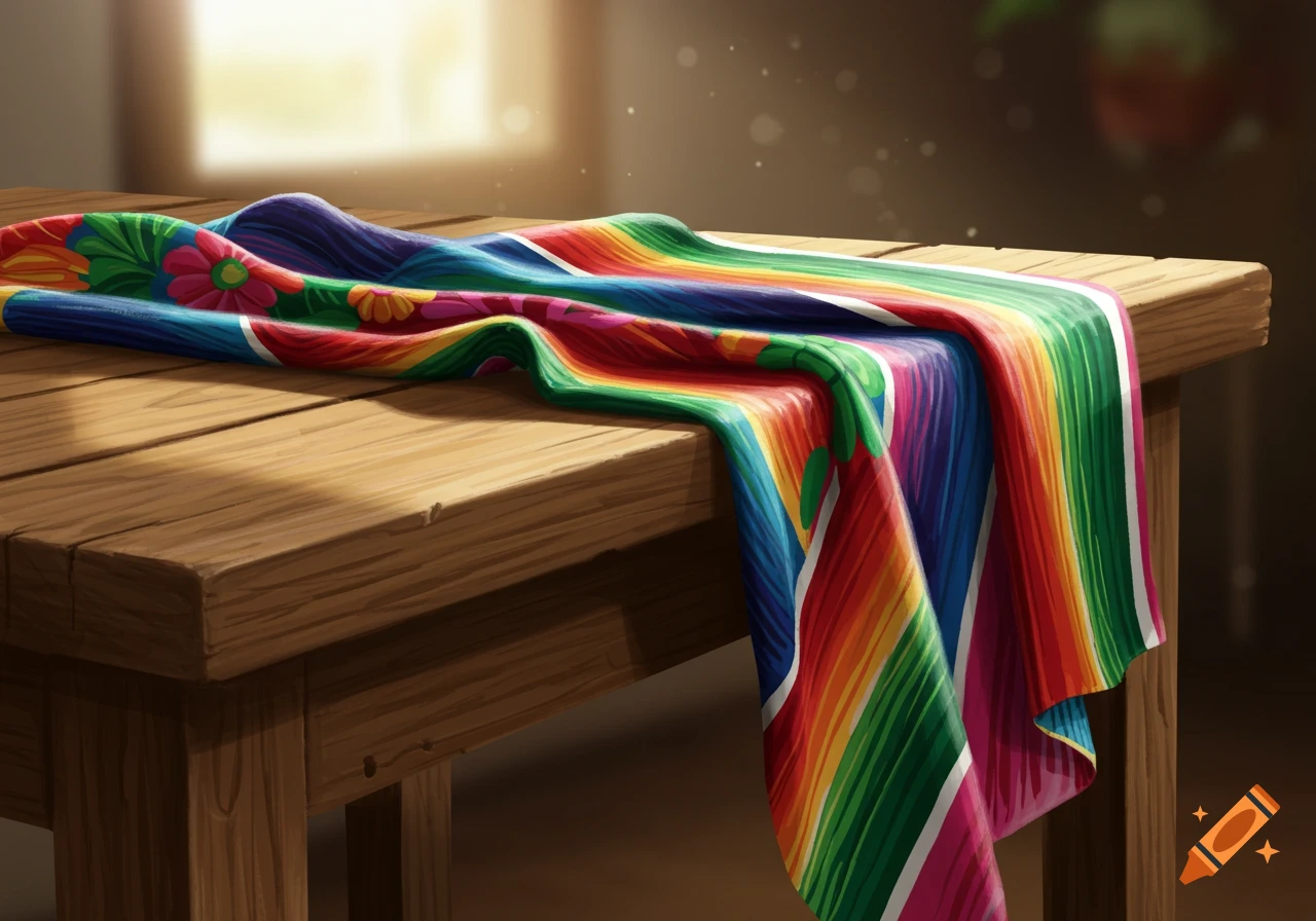 Colorful Mexican striped and floral tablecloth draped over a rustic wooden table bathed in sunlight.