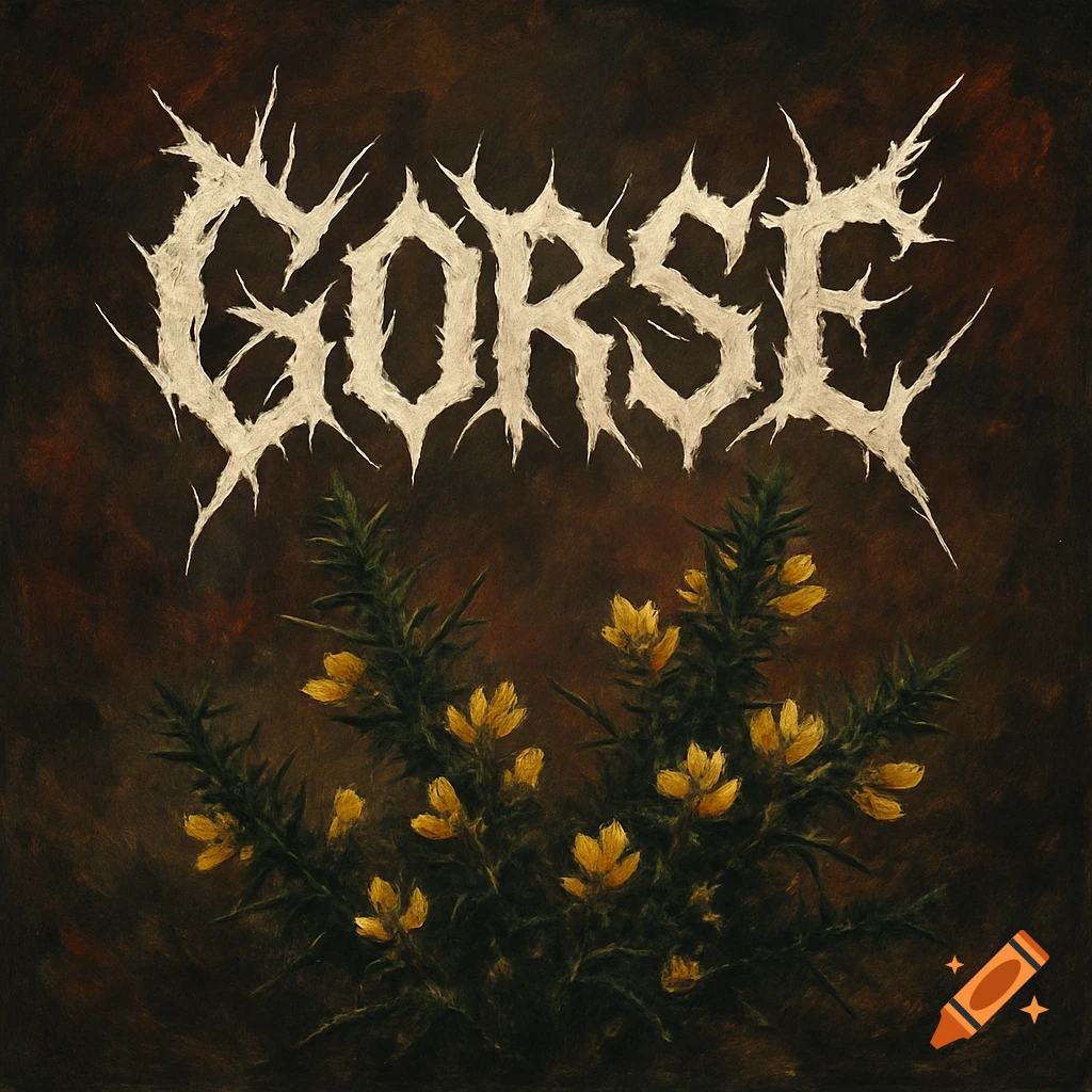 Stylized metal band logo 'GORSE' above a dark botanical image of a gorse plant with yellow flowers.